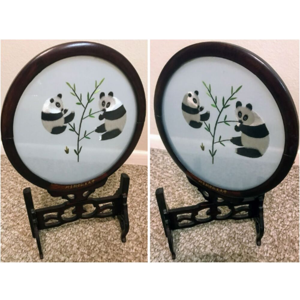 Pandas Eating Bamboo Silkscreen Embroidery Home Decor